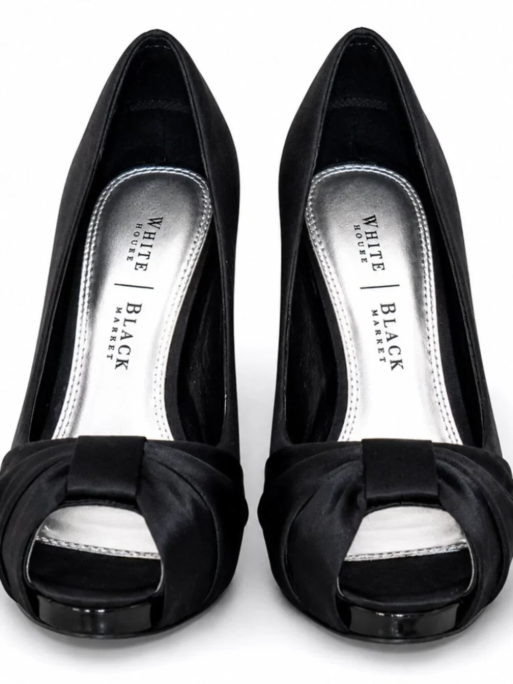 White House Black Market Black Satin Peep Toe Bow Stiletto Pumps
